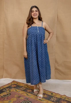 Hannah Indigo Dabu Cotton A Line Dress