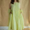 Heena Lime Green Hand Block Print Slub Cotton A Line Kurta