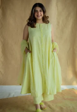 Heena Lime Green Hand Block Print Slub Cotton A Line Kurta