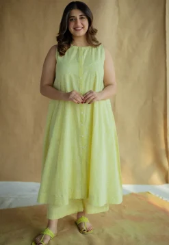 Heena Lime Green Hand Block Print Slub Cotton A Line Kurta