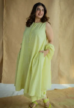 Heena Lime Green Hand Block Print Slub Cotton A Line Kurta