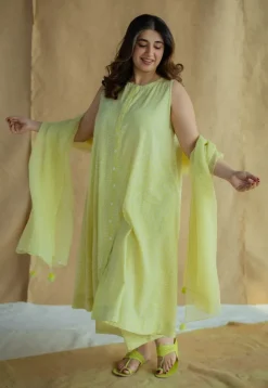 Heena Lime Green Hand Block Print Slub Cotton A Line Kurta