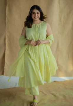 Heena Lime Green Hand Block Print Slub Cotton A Line Kurta
