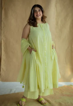 Heena Lime Green Hand Block Print Slub Cotton A Line Kurta