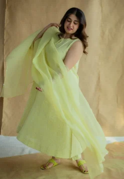 Heena Lime Green Hand Block Print Slub Cotton A Line Kurta