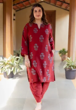Hitanshi Madder Ajrakh Chanderi Silk A Line Kurta with Hand Embroidery