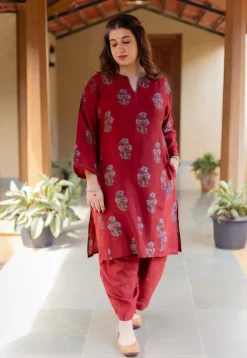 Hitanshi Madder Ajrakh Chanderi Silk A Line Kurta with Hand Embroidery