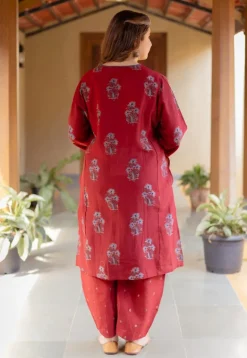 Hitanshi Madder Ajrakh Chanderi Silk A Line Kurta with Hand Embroidery