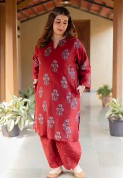 Hitanshi Madder Ajrakh Chanderi Silk A Line Kurta with Hand Embroidery