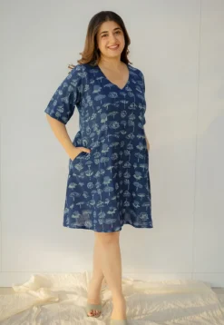Humaira Indigo Dabu Slub Cotton A Line Dress