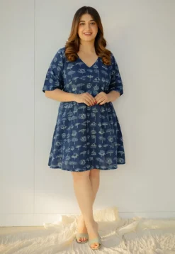 Humaira Indigo Dabu Slub Cotton A Line Dress