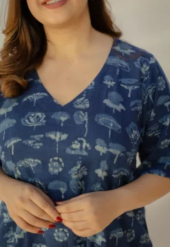 Humaira Indigo Dabu Slub Cotton A Line Dress