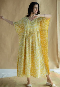 Ifrah Mustard Hand Block Print Slub Cotton Anti-Fit Kaftan