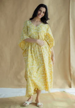 Ifrah Mustard Hand Block Print Slub Cotton Anti-Fit Kaftan