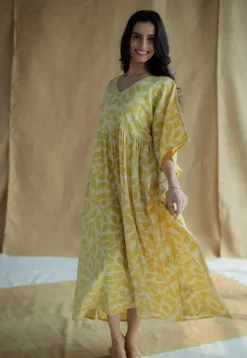 Ifrah Mustard Hand Block Print Slub Cotton Anti-Fit Kaftan