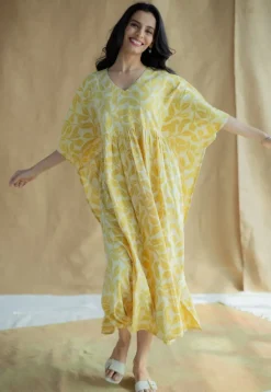 Ifrah Mustard Hand Block Print Slub Cotton Anti-Fit Kaftan
