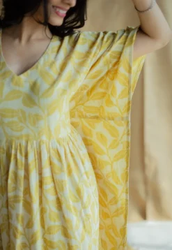 Ifrah Mustard Hand Block Print Slub Cotton Anti-Fit Kaftan