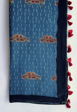 Indigo Ajrakh Handblock Printed MulMul Saree