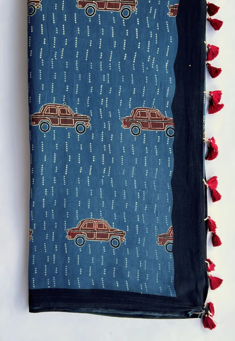 Indigo Ajrakh Handblock Printed MulMul Saree