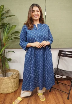 Indigo Dabu Cotton Kali Kurta