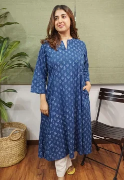 Indigo Dabu Cotton Kali Kurta