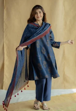 Indigo Floral Line Ajrakh Chanderi Silk Dupatta