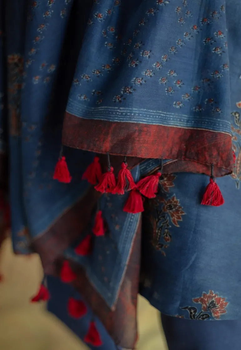 Indigo Floral Line Ajrakh Chanderi Silk Dupatta