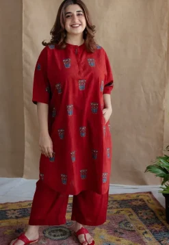 Irani Chai Red Ajrakh Cotton Straight Kurta