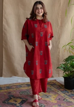 Irani Chai Red Ajrakh Cotton Straight Kurta