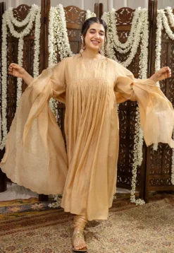 Iriya Beige Chanderi Silk A Line Hand Embroidered Kurta Set (Set of 3)
