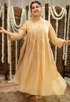 Iriya Beige Chanderi Silk A Line Hand Embroidered Kurta Set (Set of 3)