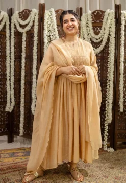Iriya Beige Chanderi Silk A Line Hand Embroidered Kurta Set (Set of 3)