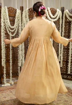 Iriya Beige Chanderi Silk A Line Hand Embroidered Kurta Set (Set of 3)
