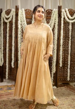 Iriya Beige Chanderi Silk A Line Hand Embroidered Kurta Set (Set of 3)