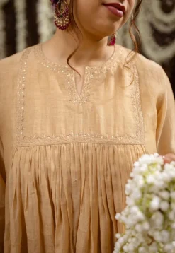 Iriya Beige Chanderi Silk A Line Hand Embroidered Kurta Set (Set of 3)