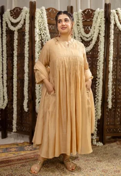 Iriya Beige Chanderi Silk A Line Hand Embroidered Kurta Set (Set of 3)
