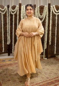 Iriya Beige Chanderi Silk A Line Hand Embroidered Kurta Set (Set of 3)