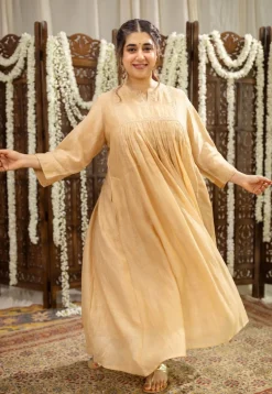 Iriya Beige Chanderi Silk A Line Hand Embroidered Kurta Set (Set of 3)