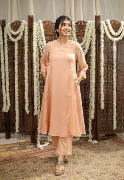 Ivurvi Peach Kali Chanderi Silk Gota Patti Kurta Set (Set of 3)