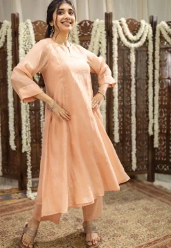 Ivurvi Peach Kali Chanderi Silk Gota Patti Kurta Set (Set of 3)