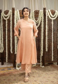Ivurvi Peach Kali Chanderi Silk Gota Patti Kurta Set (Set of 3)