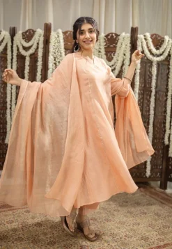 Ivurvi Peach Kali Chanderi Silk Gota Patti Kurta Set (Set of 3)