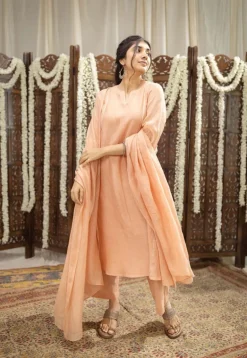 Ivurvi Peach Kali Chanderi Silk Gota Patti Kurta Set (Set of 3)