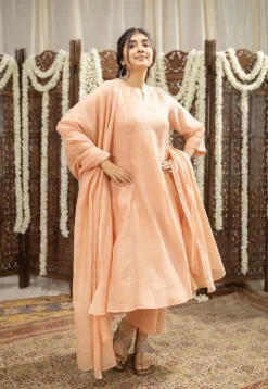 Ivurvi Peach Kali Chanderi Silk Gota Patti Kurta Set (Set of 3)