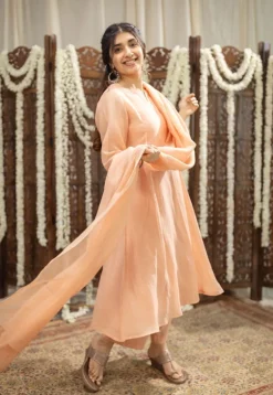 Ivurvi Peach Kali Chanderi Silk Gota Patti Kurta Set (Set of 3)