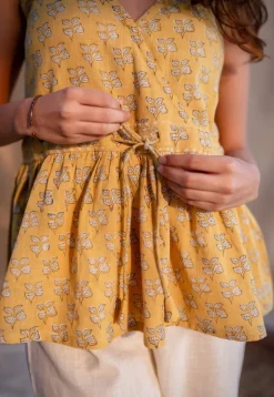 Jafia Yellow Dabu Slub Cotton Short Top