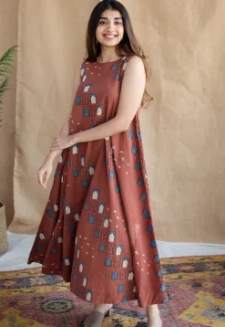 Jaipur Jharoka Brick Red Ajrakh Cotton A Line Dress