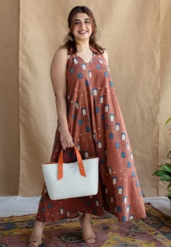 Jaipur Jharoka Brick Red Ajrakh Cotton A Line Dress
