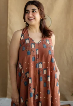 Jaipur Jharoka Brick Red Ajrakh Cotton A Line Dress