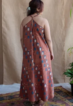 Jaipur Jharoka Brick Red Ajrakh Cotton A Line Dress